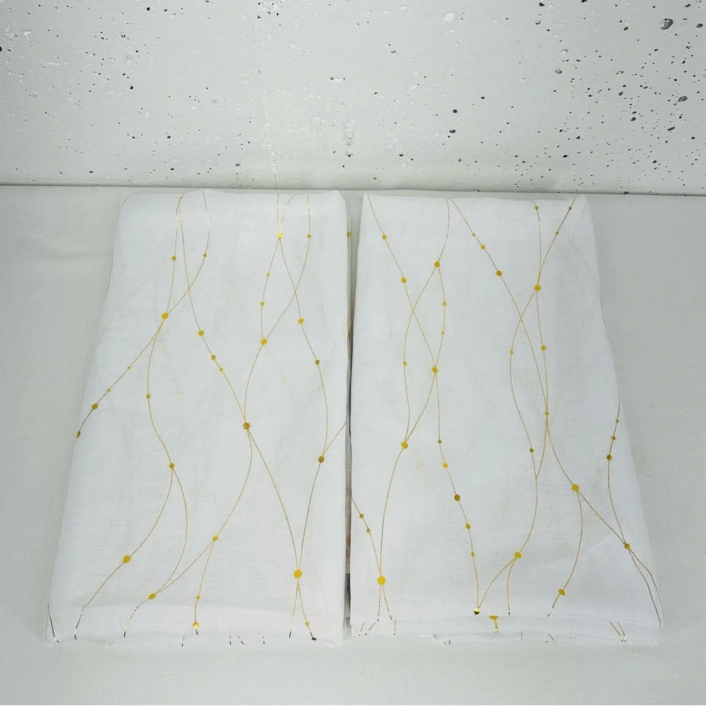 Deconovo Sheer White Gold Wave Line with Dots 2 Curtain Panels 52”W x 63”L